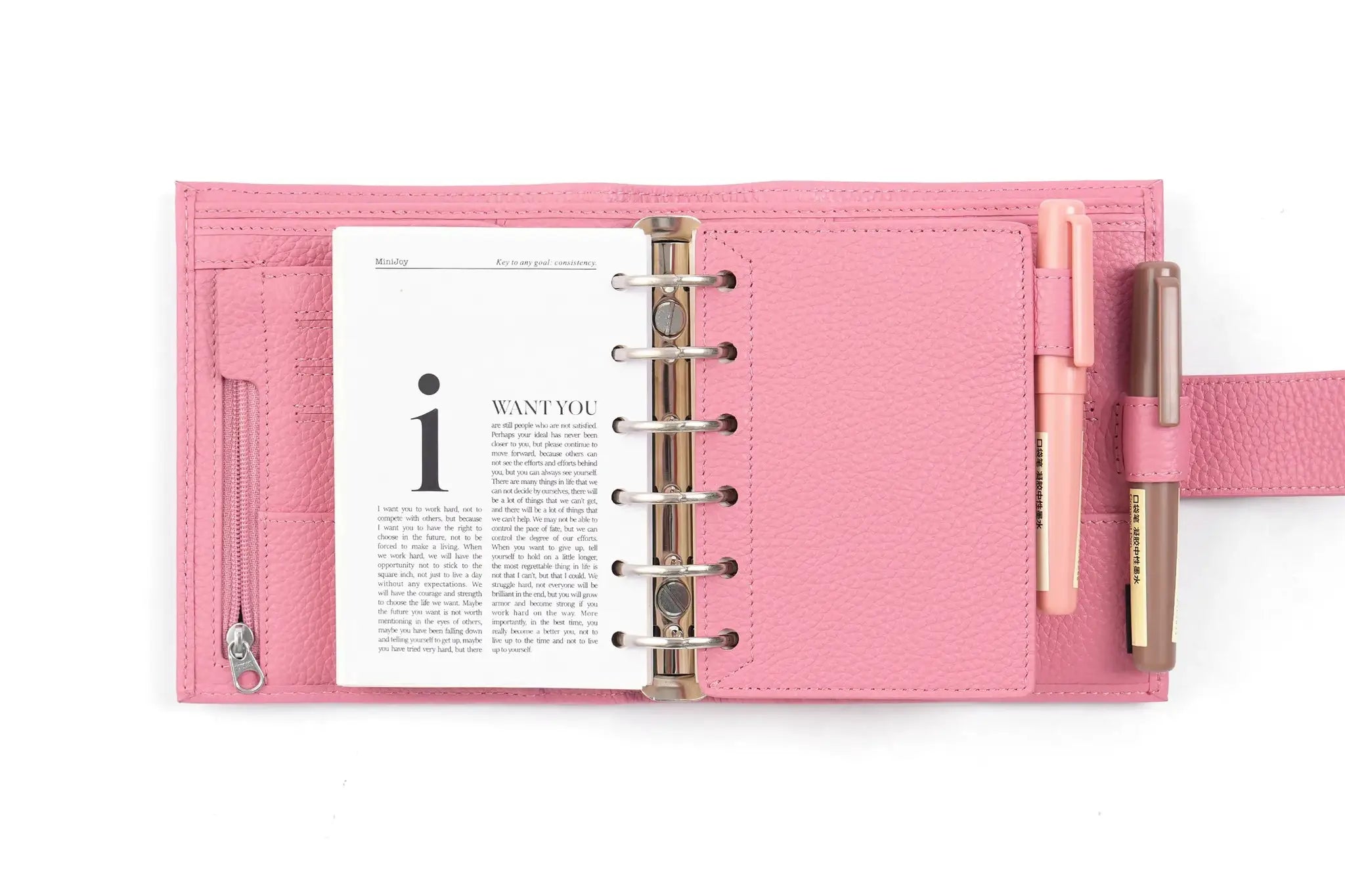 Simples Market Moterm Luxe 2.0 pink pebble leather pocket planner with 30mm rings; two pens.