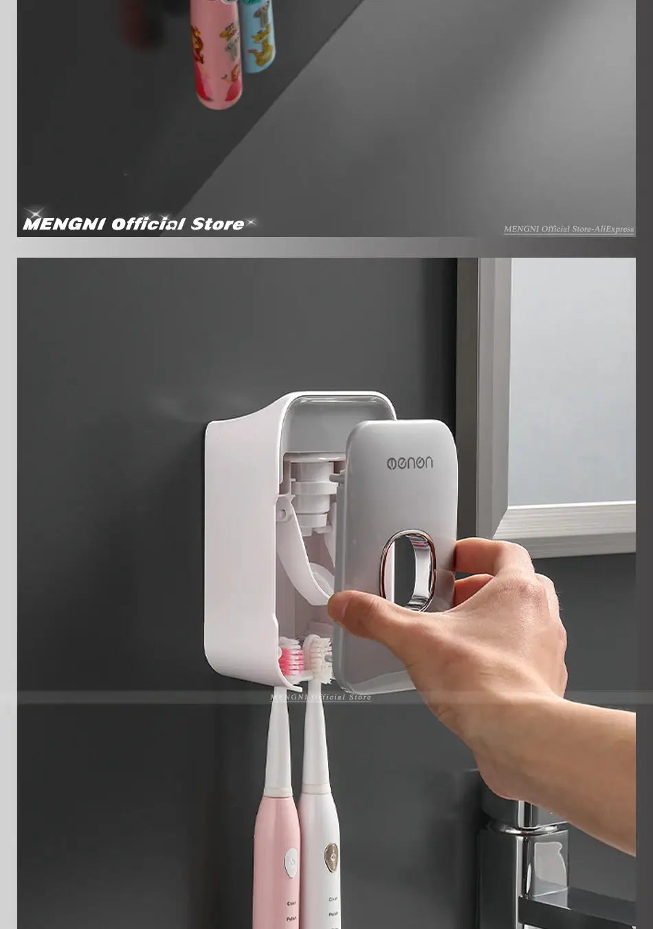 Simples Market MENGNI wall-mounted toothpaste dispenser with toothbrush holder; white with gray, manual operation