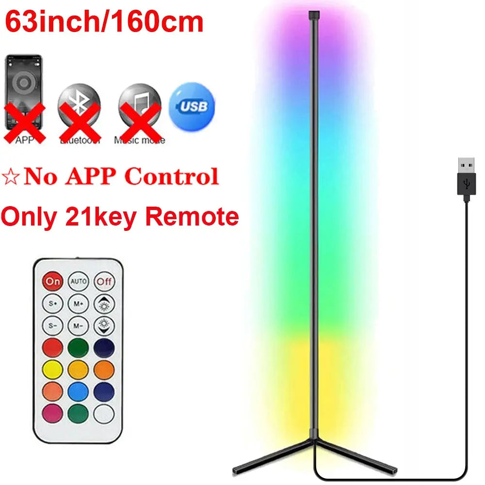 Simples Market 160cm Tuya RGB LED corner floor lamp with tripod base; 21-key remote, no app control