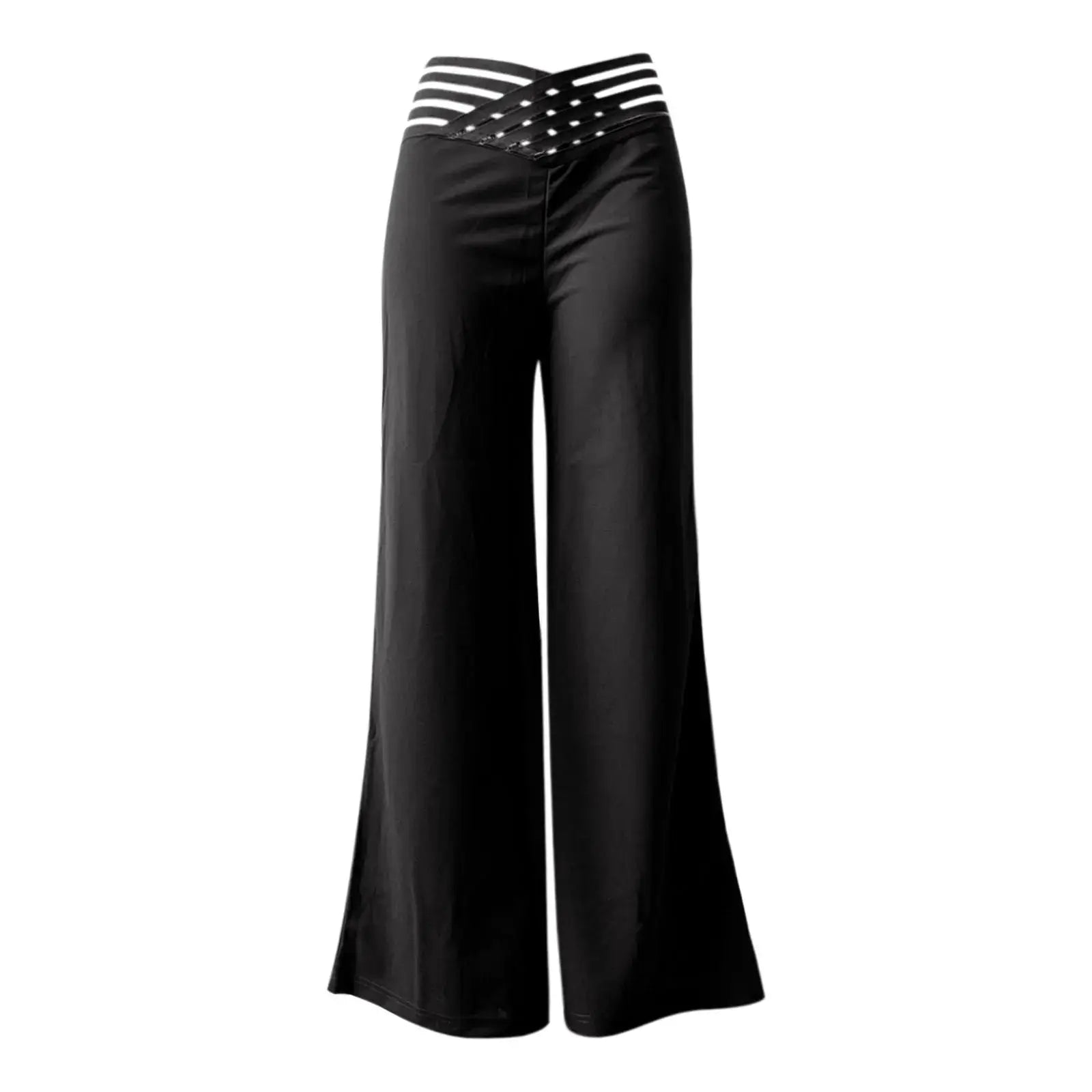 NovaMode Women Flared High Waist Office Pants Wide Leg Trousers With Crisscross Sheer Mesh Patch Elegant Comfort