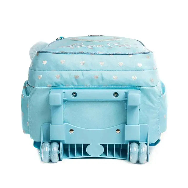 Simples Market children's wheeled backpack, light blue with silver heart pattern and rolling wheels
