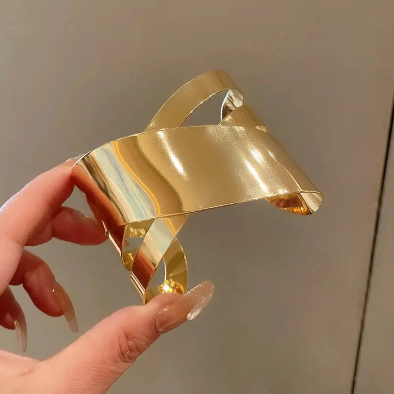 Shiny gold-tone iron-alloy multi-layer geometric cuff bracelet for women
