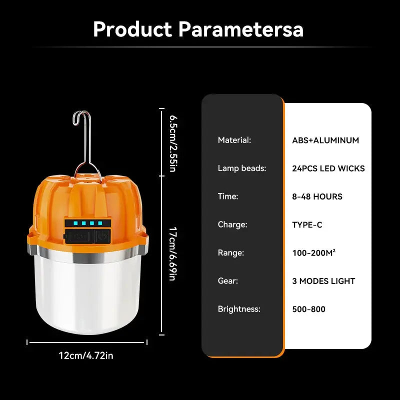 Simples Market 500W LED camping lantern, orange top with USB rechargeable power display for outdoor use