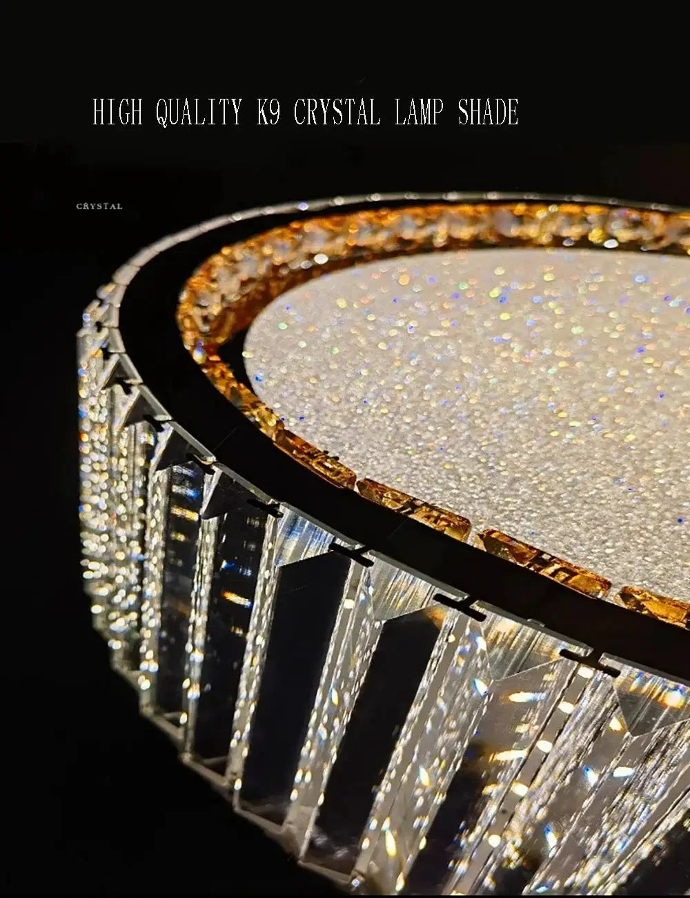 Crystal ceiling lamp shade with gold-tone rim and clear K9 crystal prisms