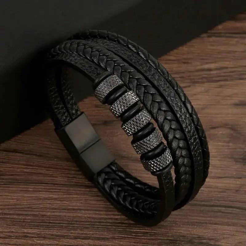 Classic Mens Leather Bracelet Hand Woven Multi Layer Style Fashion Jewelry For Men Durable Casual Accessory