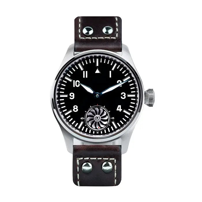 Hruodland Pilot 42mm mechanical watch with black dial, luminous hands, stainless steel case and brown leather strap