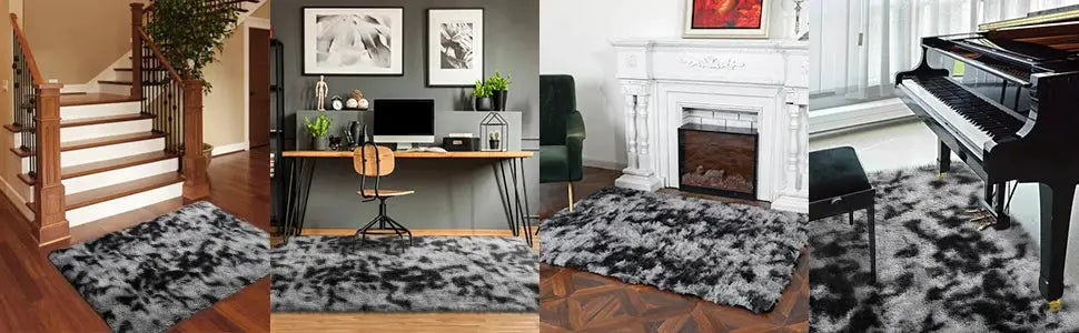 VIKAMA Silk-Wool Rug gray and black shag for bedroom and living room, Simples Market