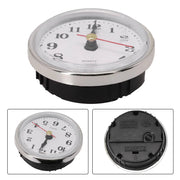 65mm round wall clock insert with quartz movement; chrome bezel, white dial, black numerals, red second hand
