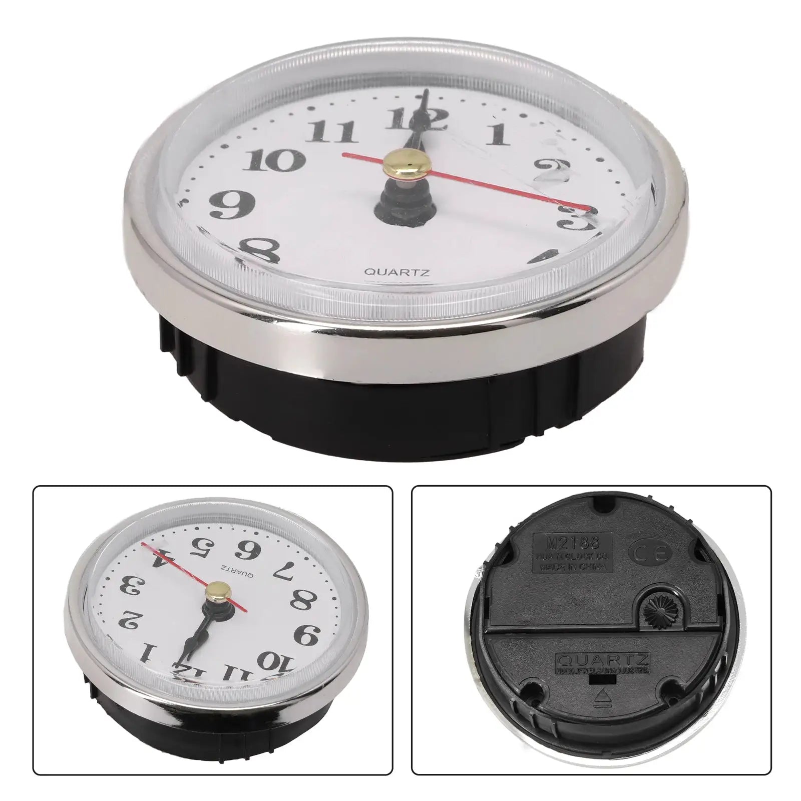 65mm round wall clock insert with quartz movement; chrome bezel, white dial, black numerals, red second hand