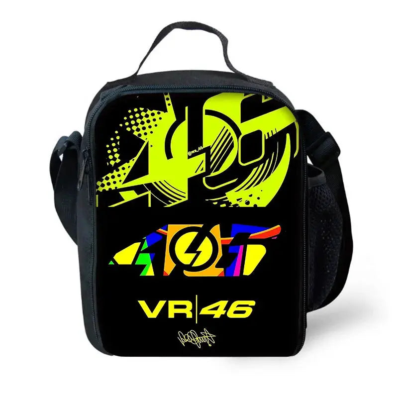 Child black backpack with neon yellow VR46 graphic, suitable for boys and girls.