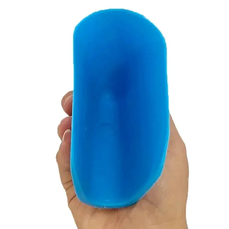 Blue rubber caulking finisher tool with ergonomic non-slip grip, handheld grout sealant scraper.
