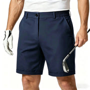 Men's navy blue 100% cotton shorts with front button, belt loops and back elastic waistband