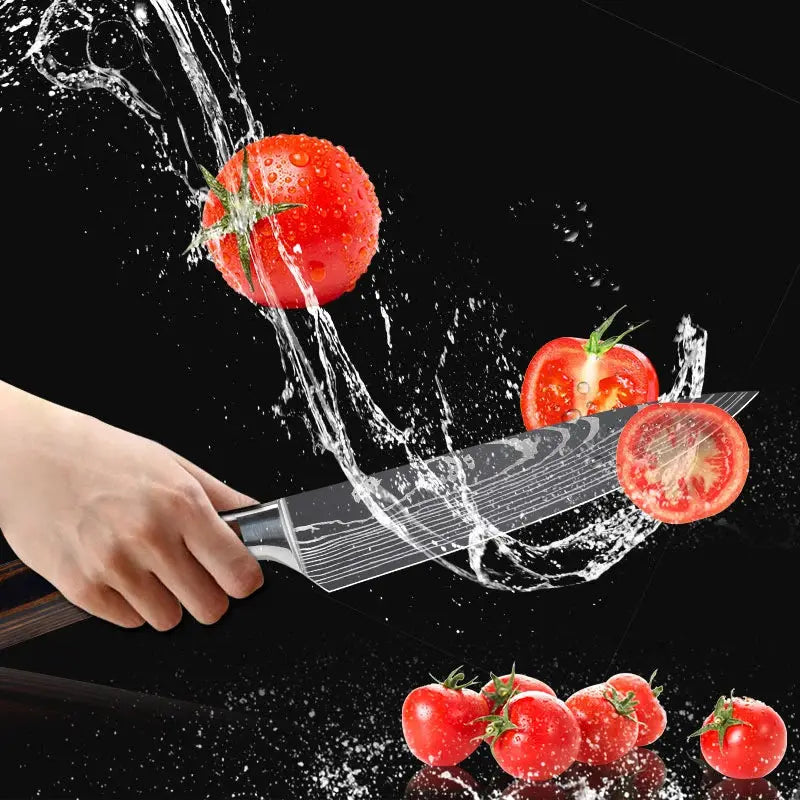 Professional Laser Damascus Kitchen Knife With Wood Handle For Bread Fruit Fish Meat Boning And Slicing