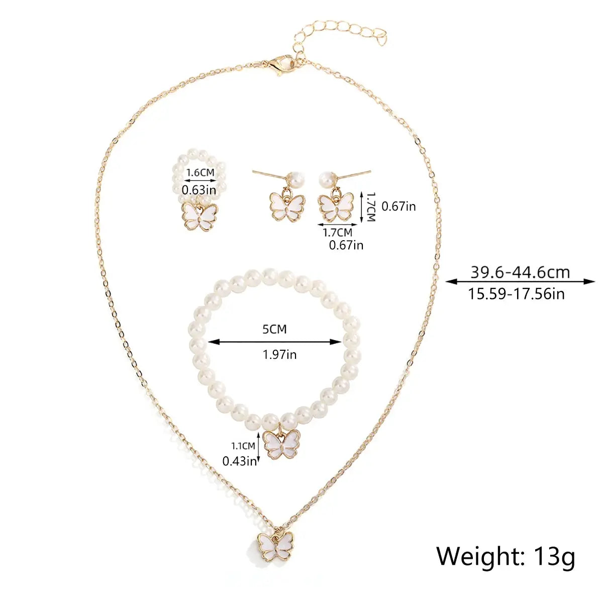 Butterfly Jewelry Set 4 Piece for Women Girls Ring Necklace Bracelet Earrings Simulated Pearl Gold Tone Trendy Cute Gift