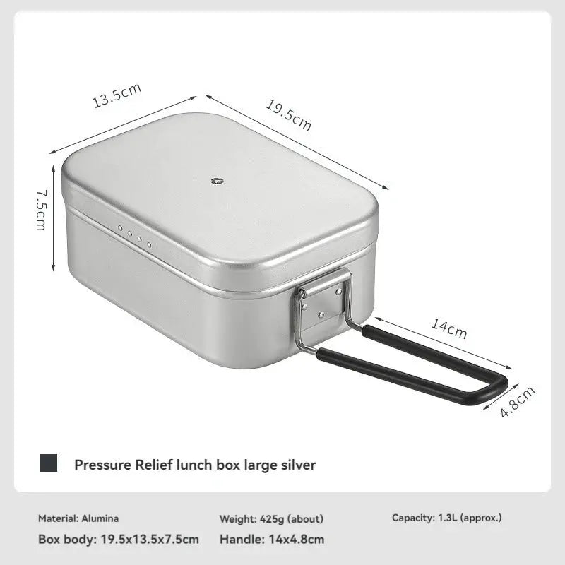 CAMPINGMOON aluminum oxide portable lunch box by Simples Market, silver open-flame heated camping lunch box with black U-shaped handle