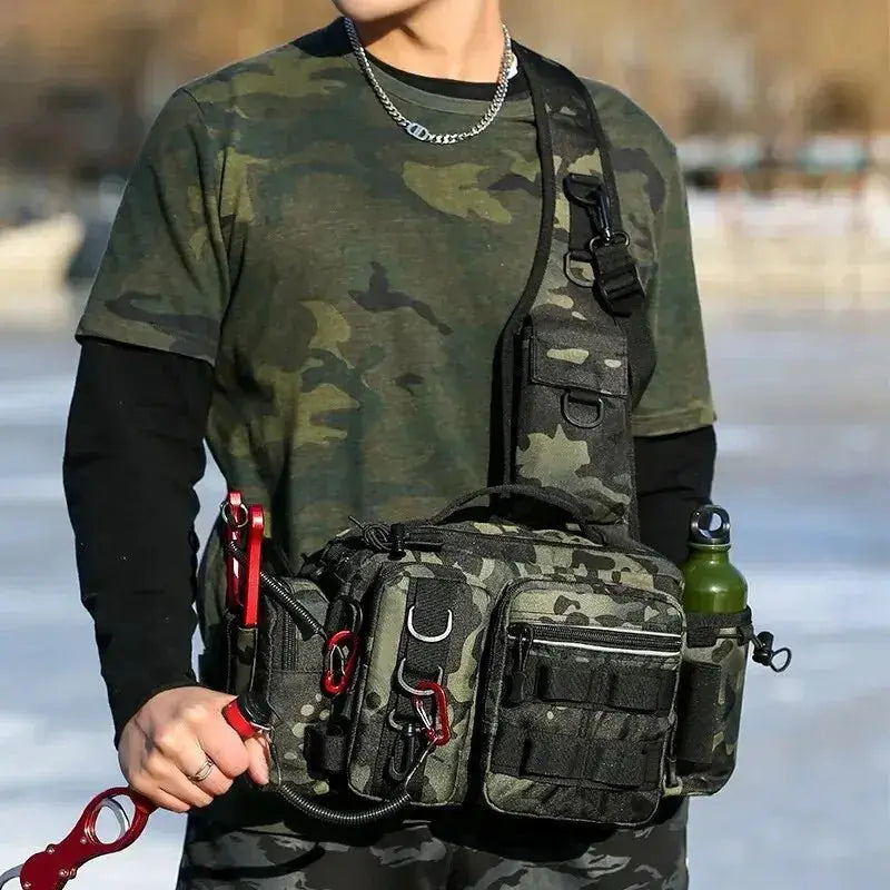 Multi-Purpose Fishing Tackle & Lure Backpack worn by angler in camouflage outfit, showcasing its storage features for fishing gear.