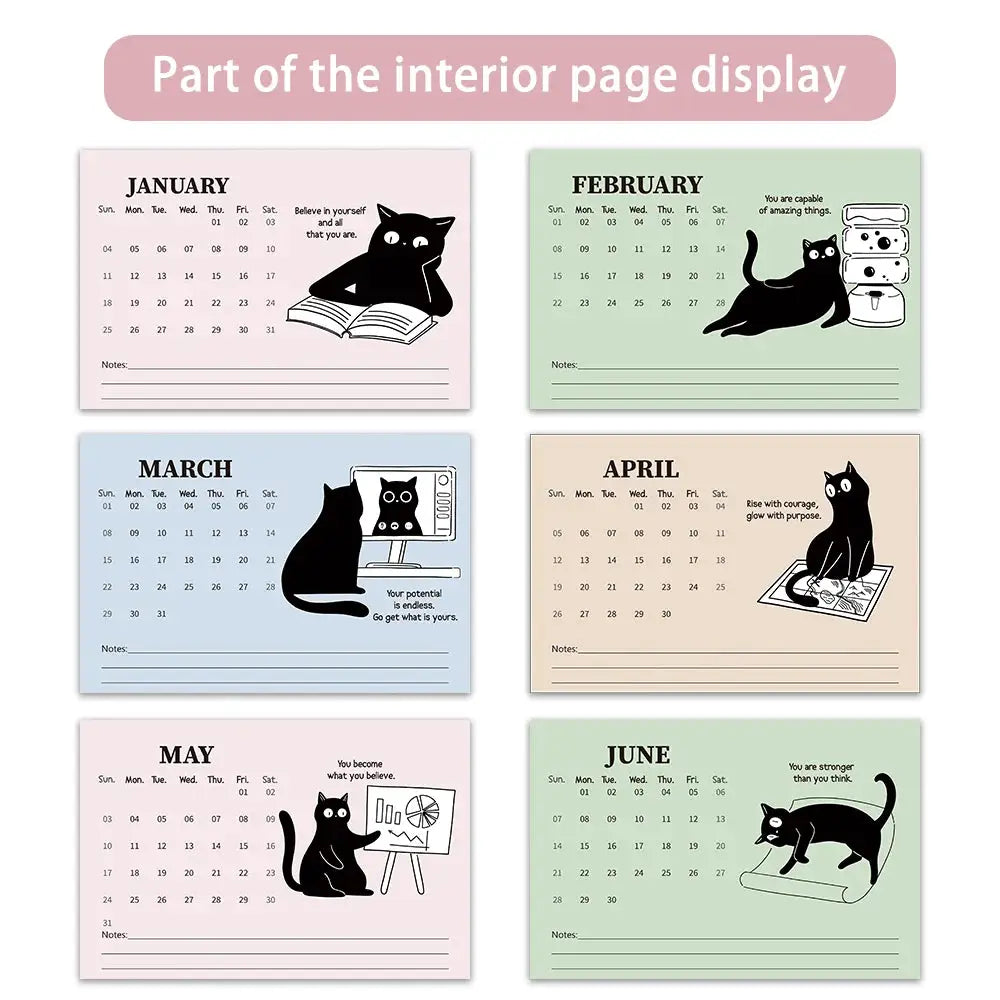 1PC 2026 cat-illustration desktop calendar; six pastel monthly pages with cute cat artwork by Simples Market