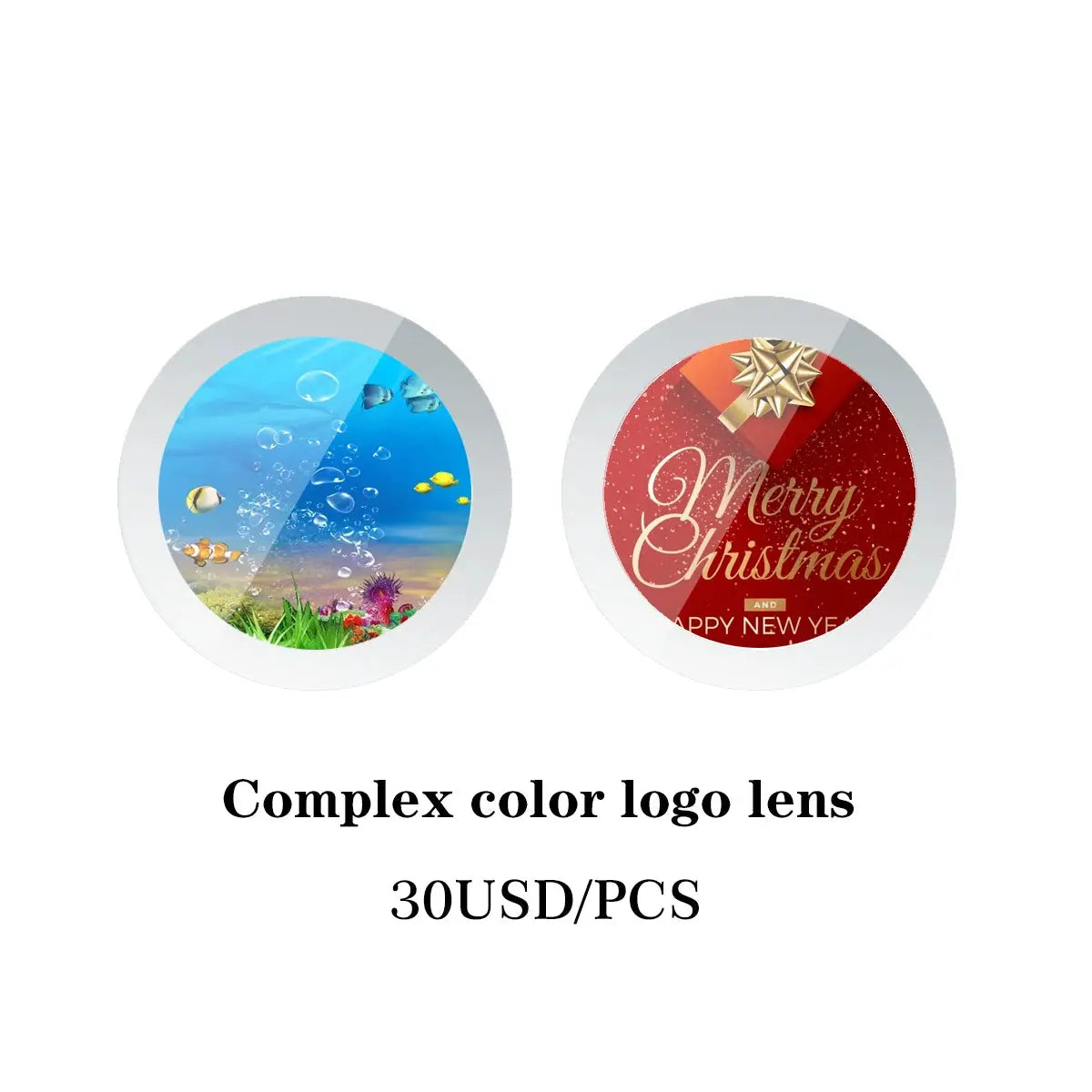 Advertising gobo projector logo lens set; two circular color logos in blue underwater scene and red Merry Christmas