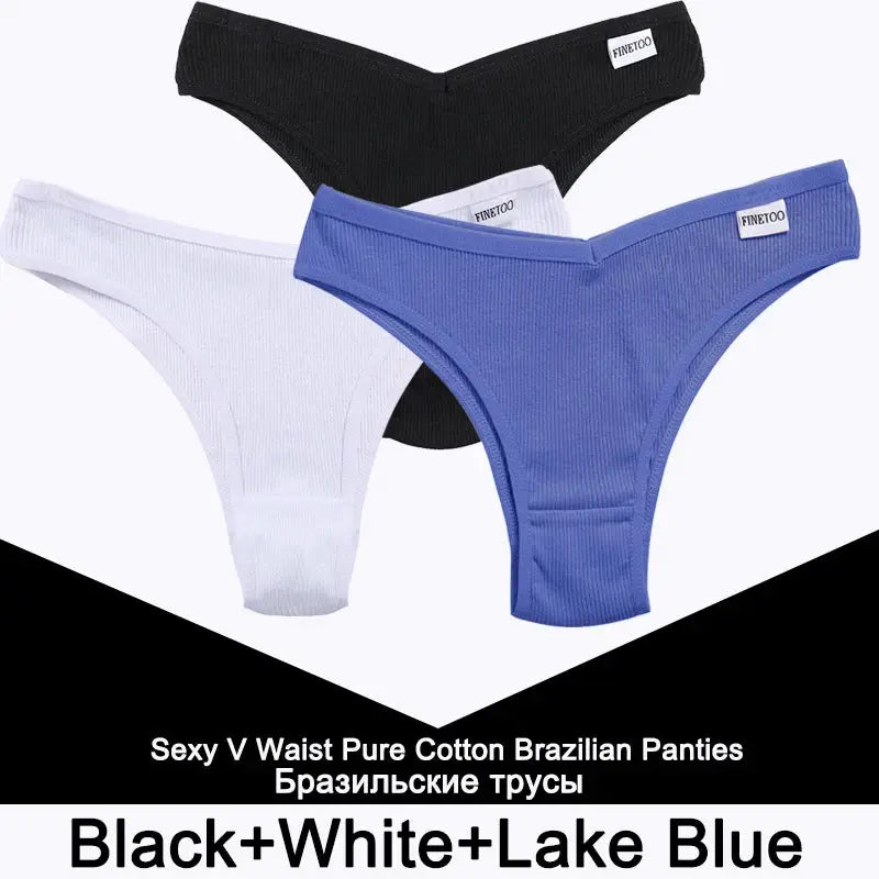 3-piece women's cotton thong underwear set in black, white and lake blue by Finetoo