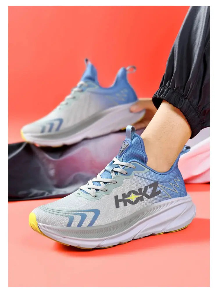 HOKZ lightweight running shoes pair in light gray and blue with breathable mesh and yellow outsole