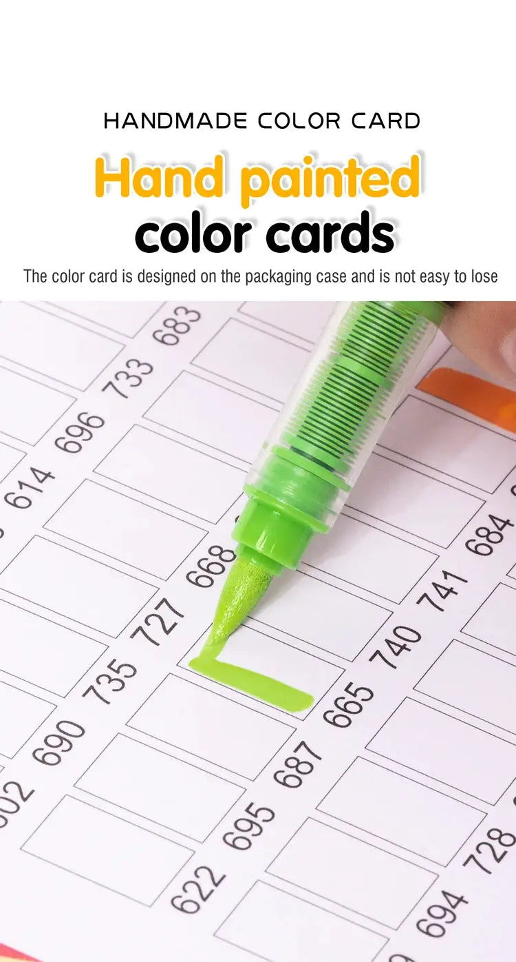 Simples Market acrylic marker pens with soft brush nibs; 12–120 colors, waterproof, bright green tip on grid.