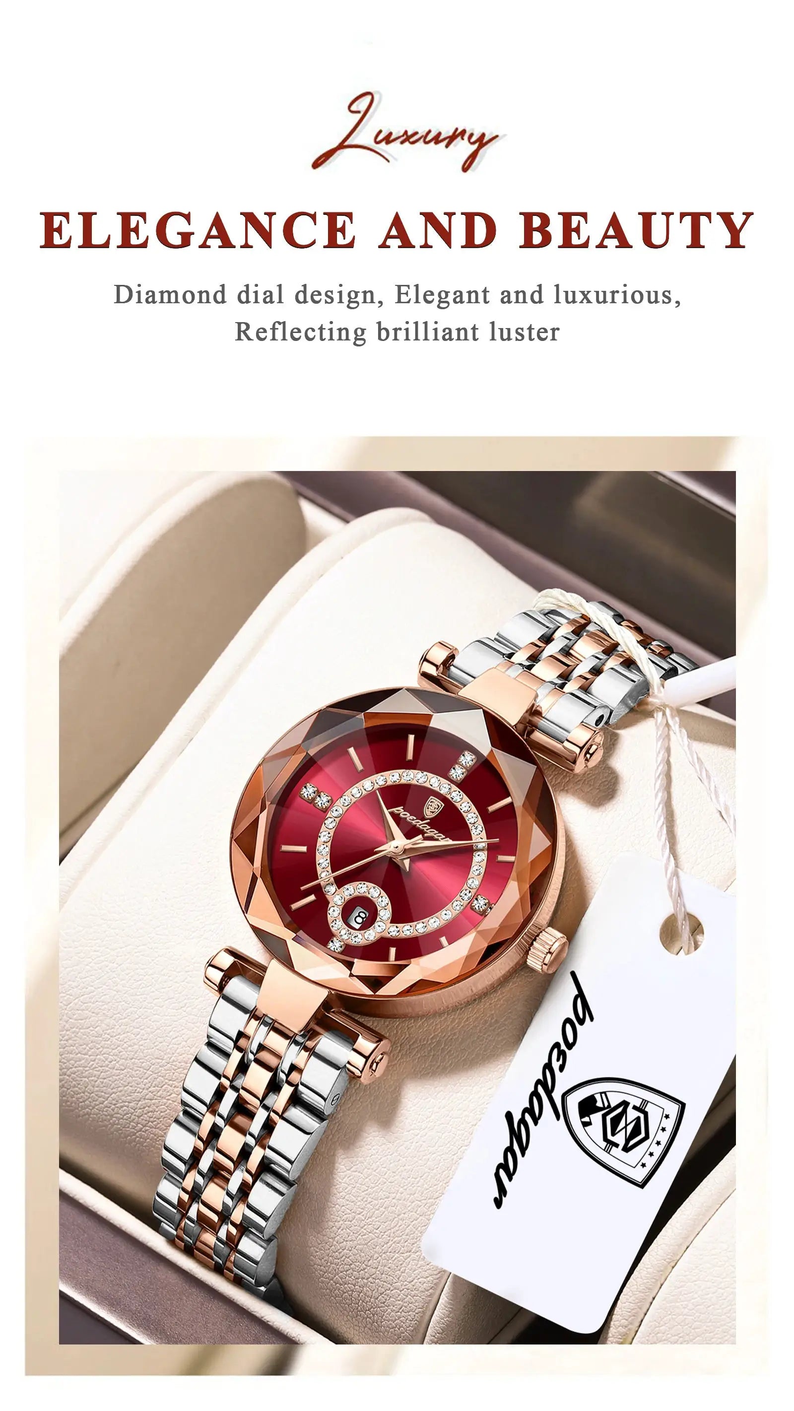 POEDAGAR women's wristwatch; two-tone stainless steel bracelet (rose gold & silver), red diamond-studded dial with date