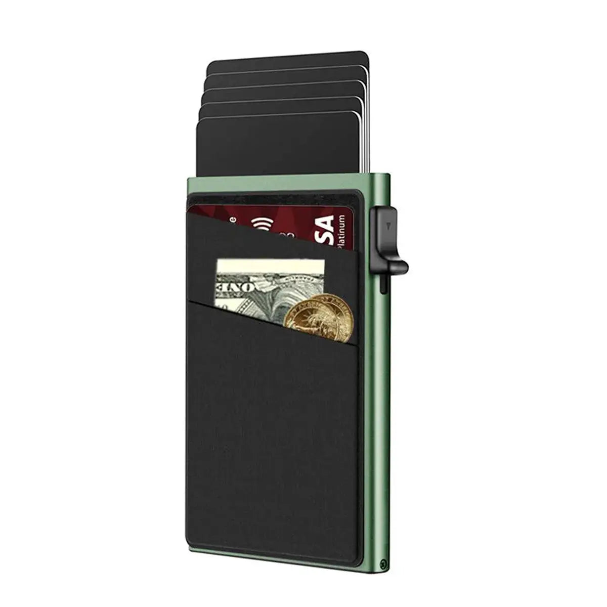 Simples Market anti-theft minimalist aluminum RFID wallet in green with card slots