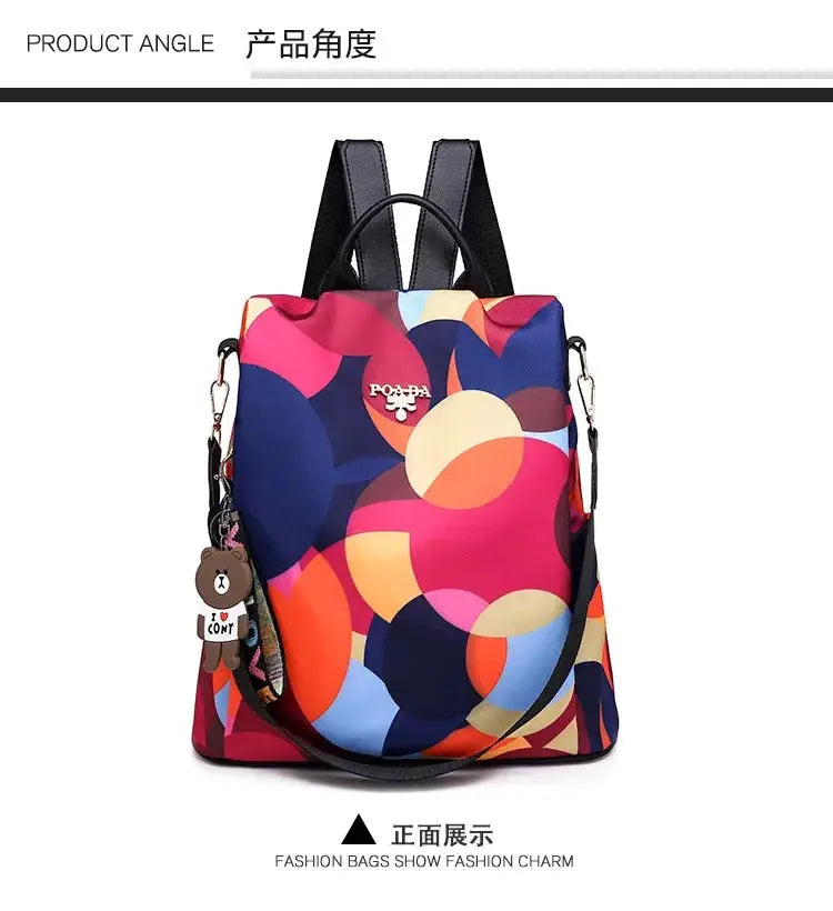 Women Backpack by Simples Market in multicolor abstract circle print, waterproof Oxford cloth, large capacity travel bag