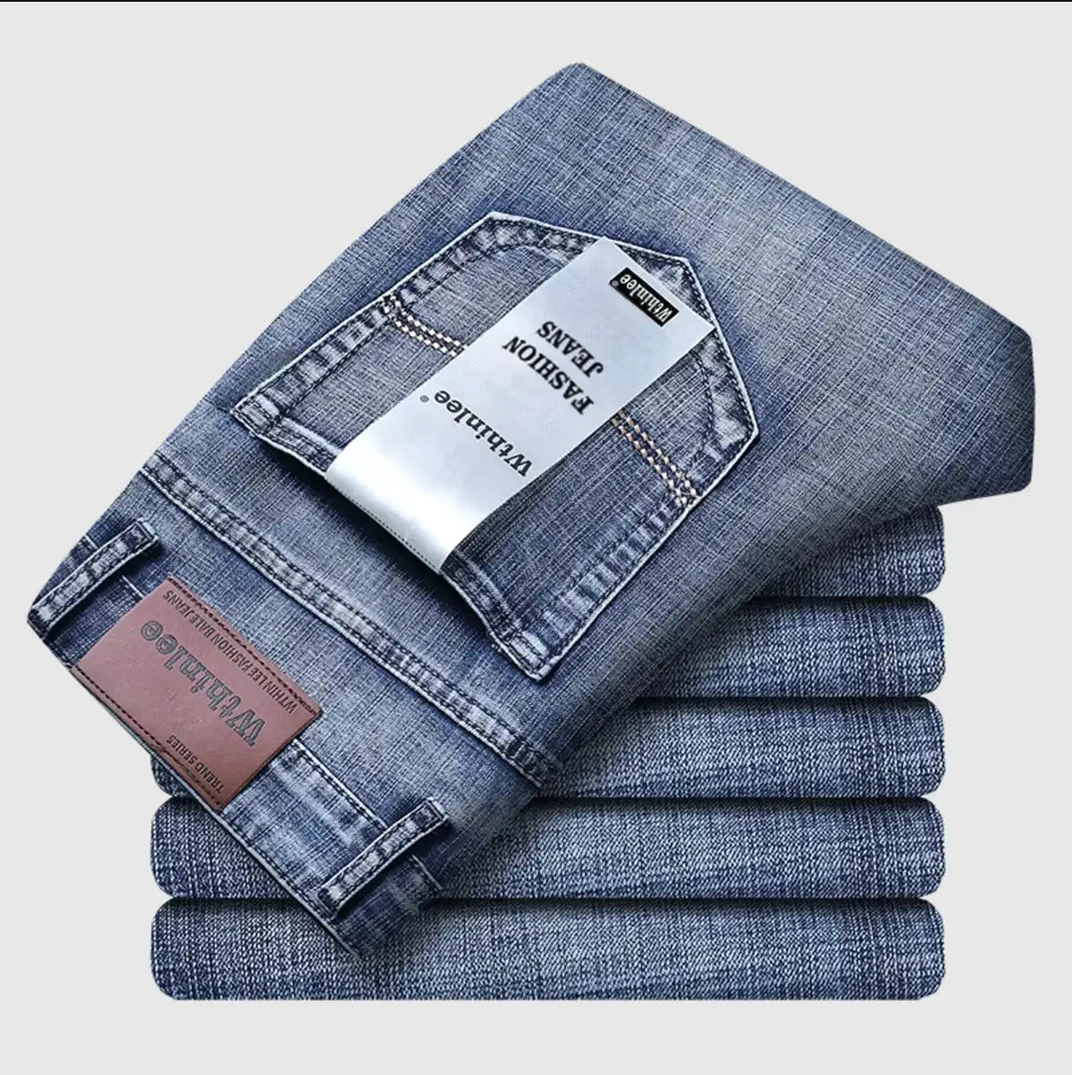 Set of six men's blue stretch denim jeans with Simples Market labels