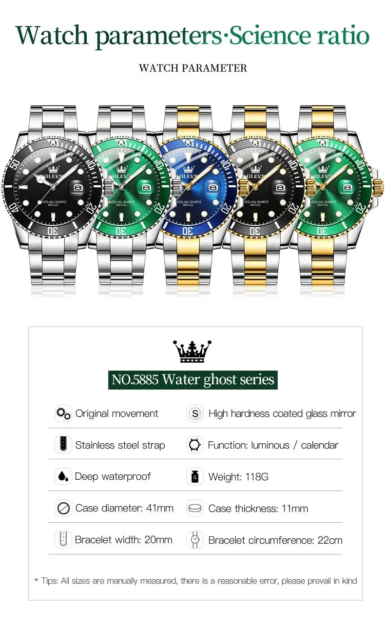 OLEVS 5885 men's watches with stainless steel bands, five-piece set in black, green, blue and gold tones.