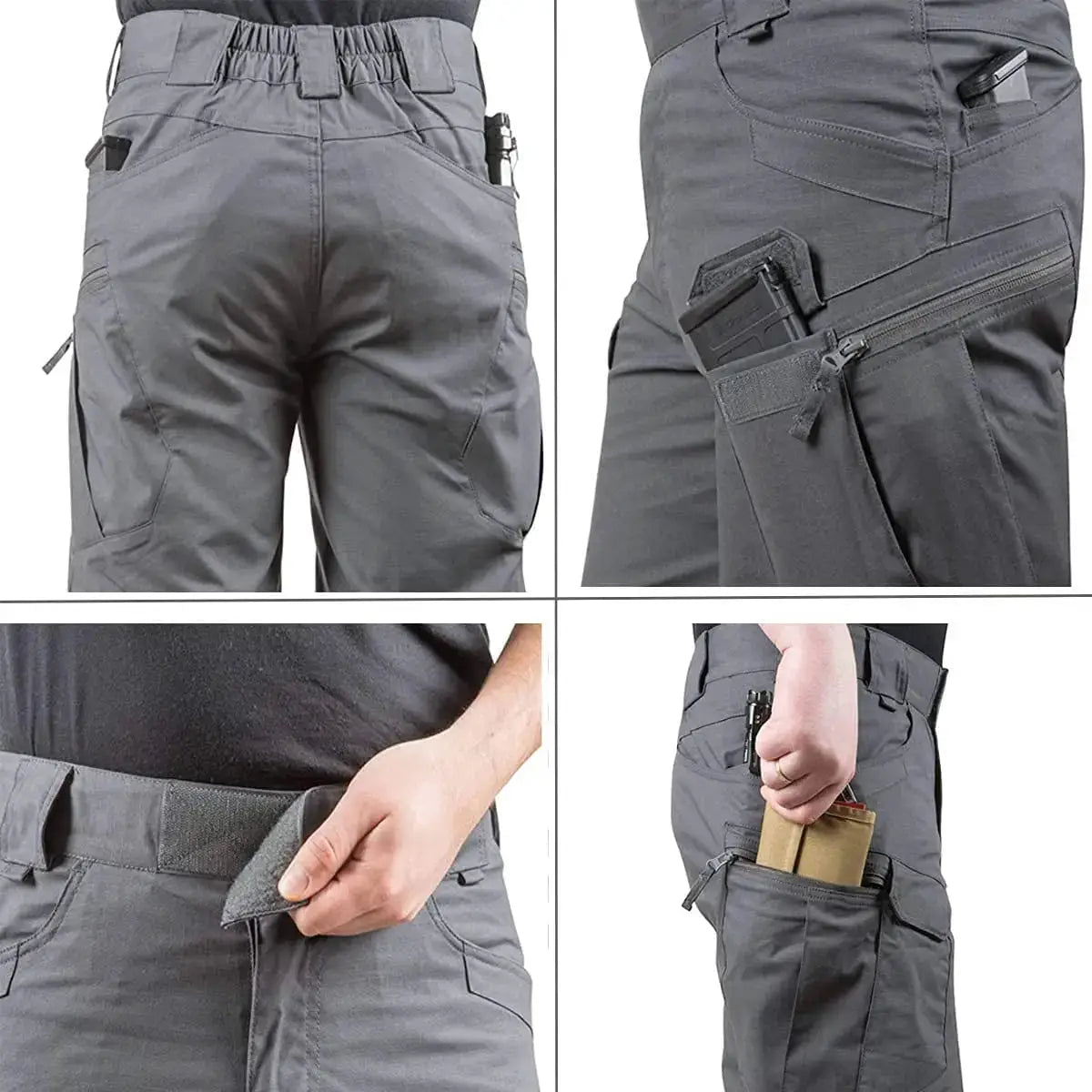 Simples Market men's grey tactical cargo shorts with multiple pockets, belt, and side zip pockets