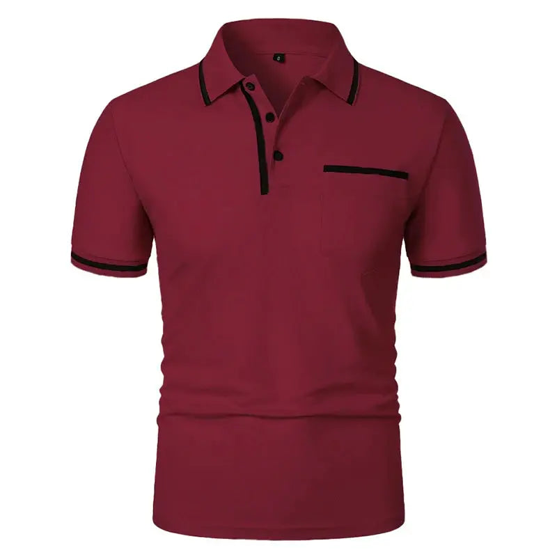Men's polo shirt, maroon with black trim, short sleeves, chest pocket.