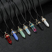 7pc hexagon pillar quartz pendant necklaces on black leather cords, unisex natural stone choker, assorted crystal colors.