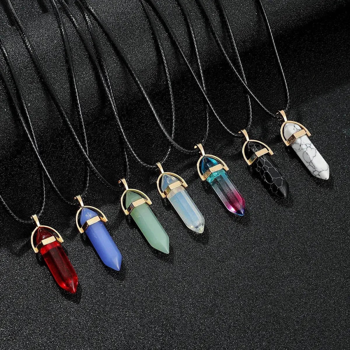 7pc hexagon pillar quartz pendant necklaces on black leather cords, unisex natural stone choker, assorted crystal colors.