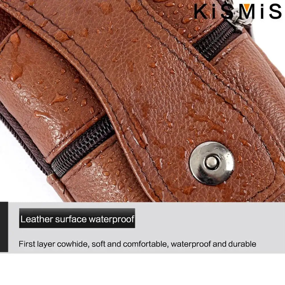 KISMIS men's leather waist bag, brown waterproof leather with zipper pockets