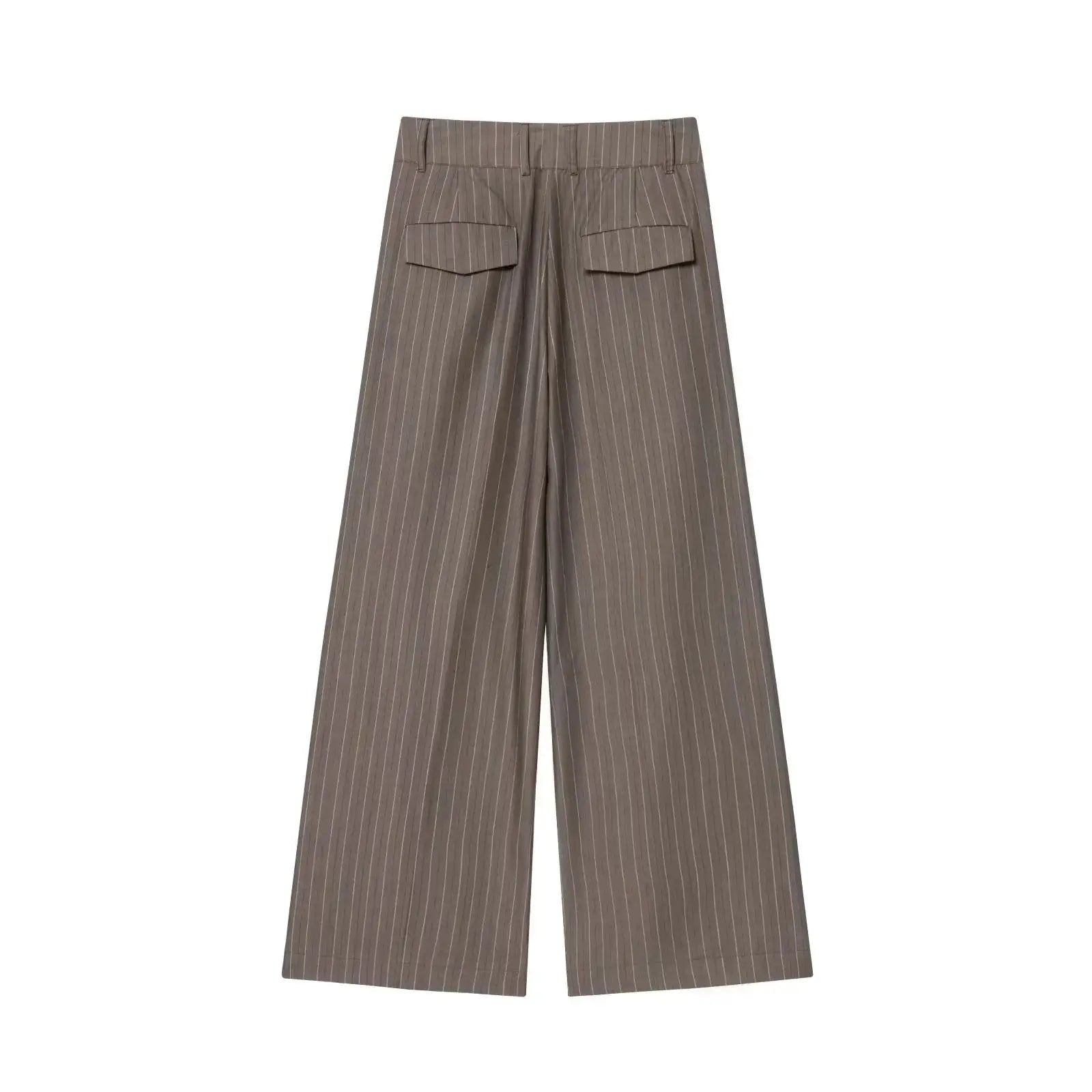 KONDALA brown pinstriped wide-leg pants with two back flap pockets