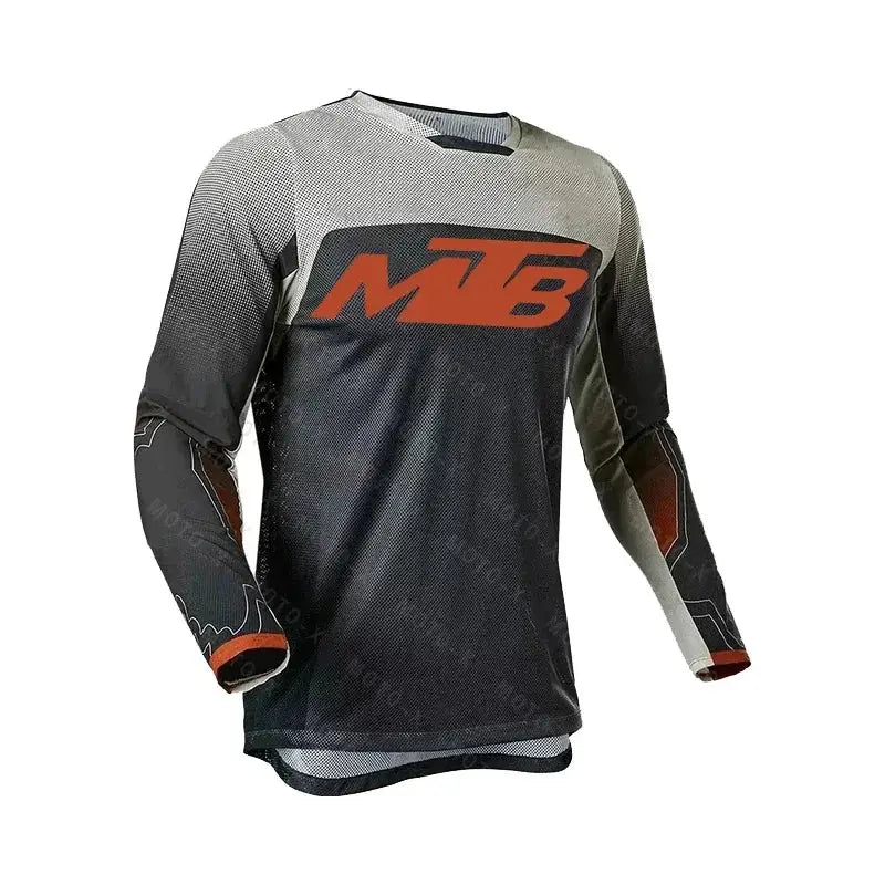 Motocross MTB cycling jersey, unisex long-sleeve with black-to-grey gradient and orange MTB logo.