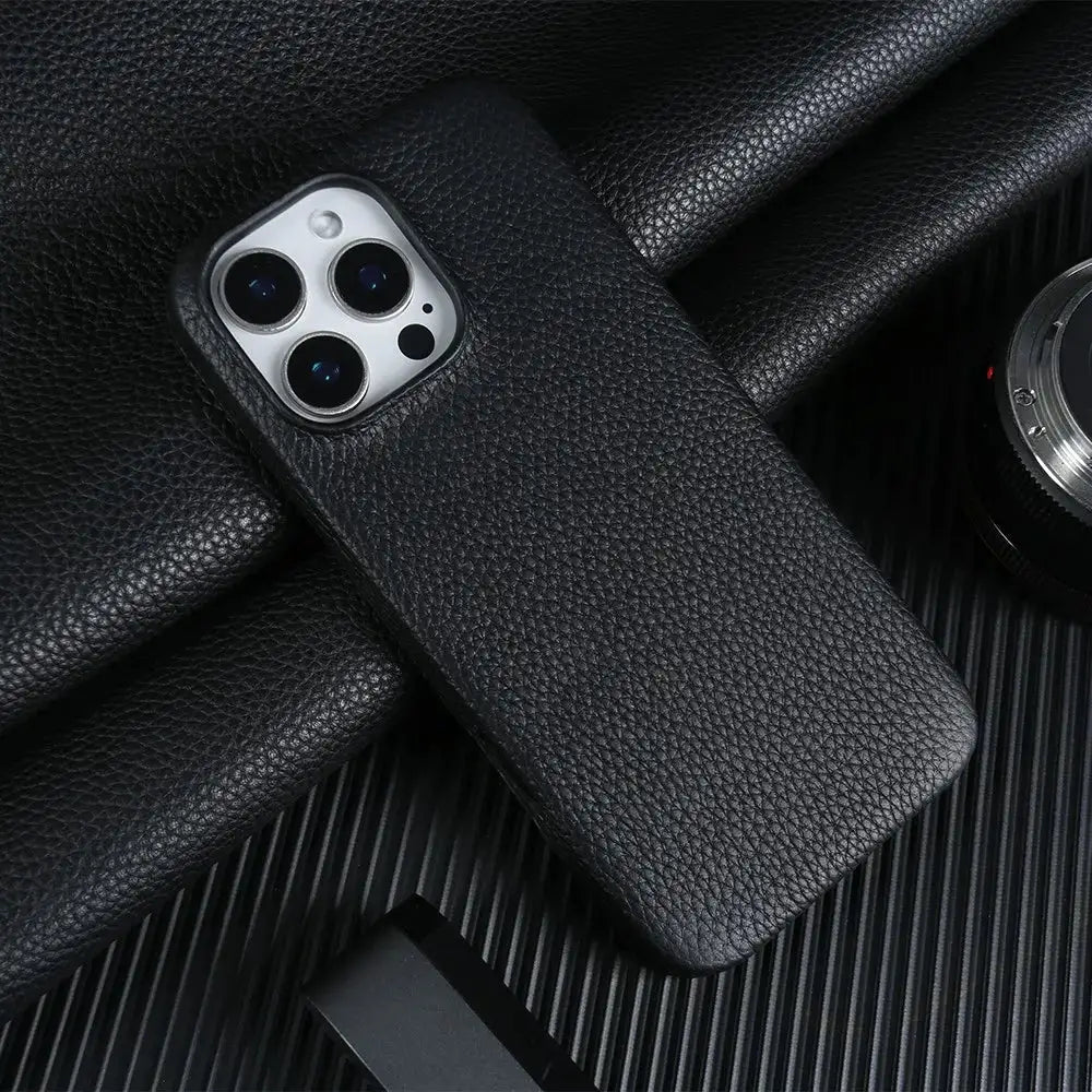 Leather MagSafe phone case for iPhone 16 Pro Max to 11, black full-wrap back cover