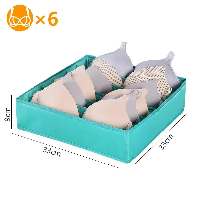 Sports Bra Underwear Organizer Storage Box, teal, 6-compartment for bras and socks, Simples Market, 33x33x9 cm