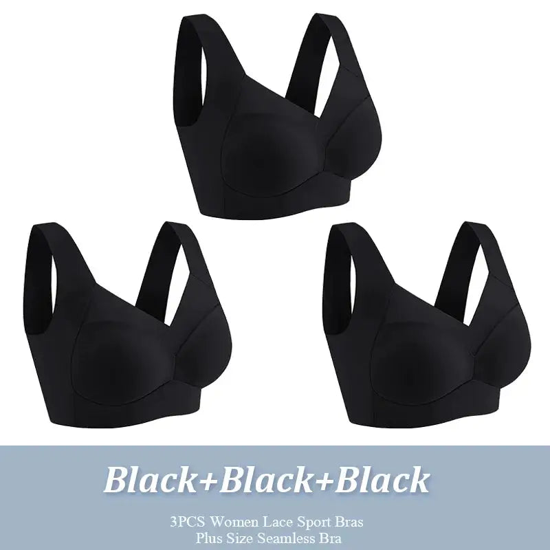 3-pack black seamless lace bralettes for women, wireless backless sport bras, plus-size