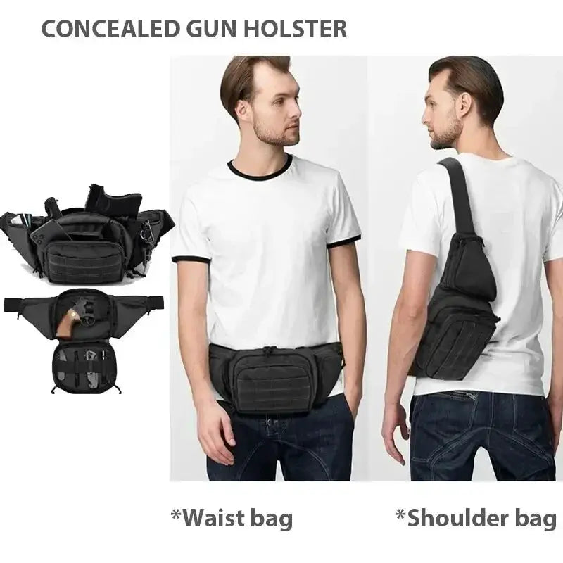 Simples Market tactical waist pack and shoulder bag set, black nylon, multi-pocket, 2 items