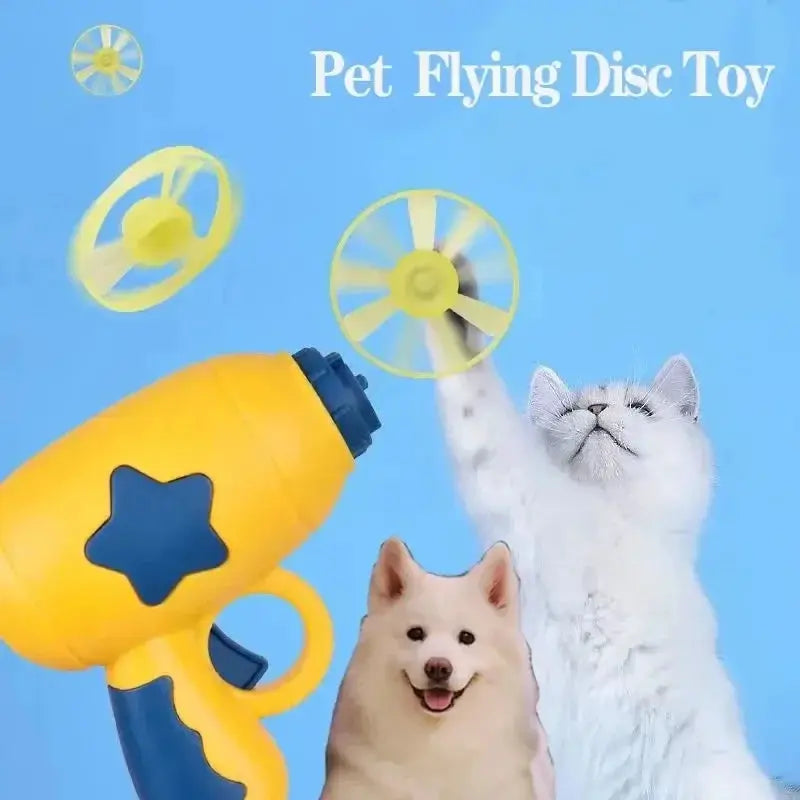 Funny Cat Toy launcher gun with yellow body and blue handle, spinning flying discs