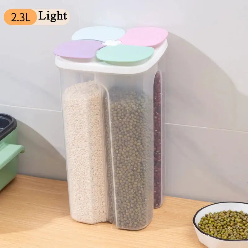 KitchenKeeper Four Grid Cereals Storage Box Moisture Proof Sealed Food Container Keeps Fresh