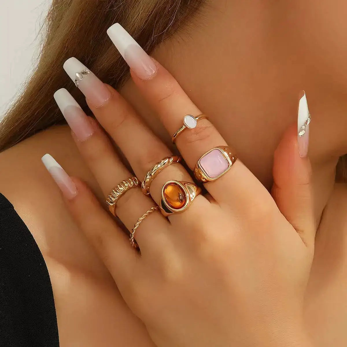 Retro Geometric Pearl Ring Set For Women With Gold Plating Opening Flower Rings Gift