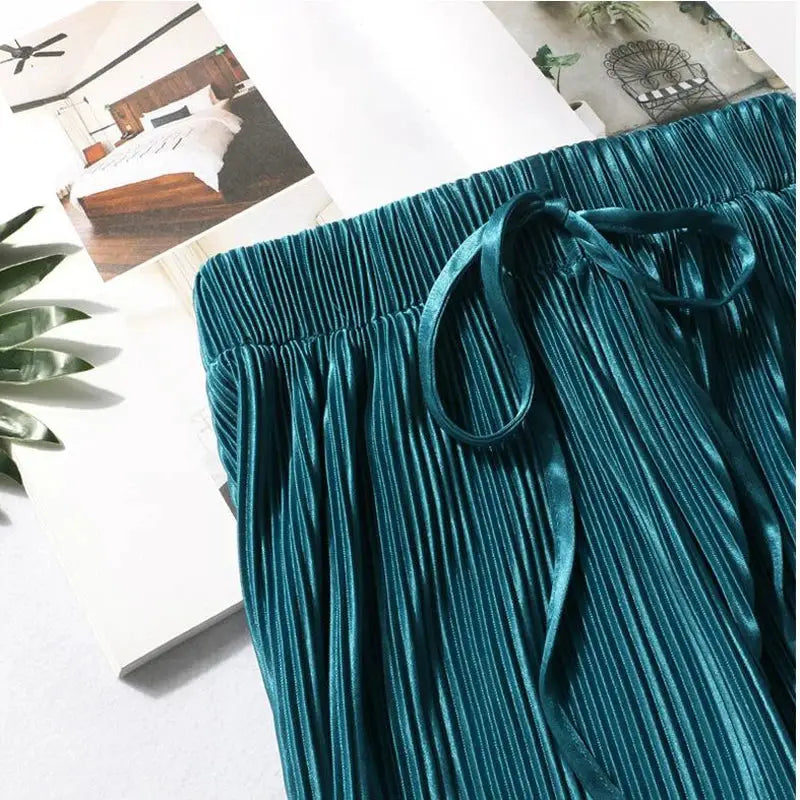 NovaModa Ice Silk Pleated Wide Leg Pants For Women Breathable Summer Comfort Elastic Waist