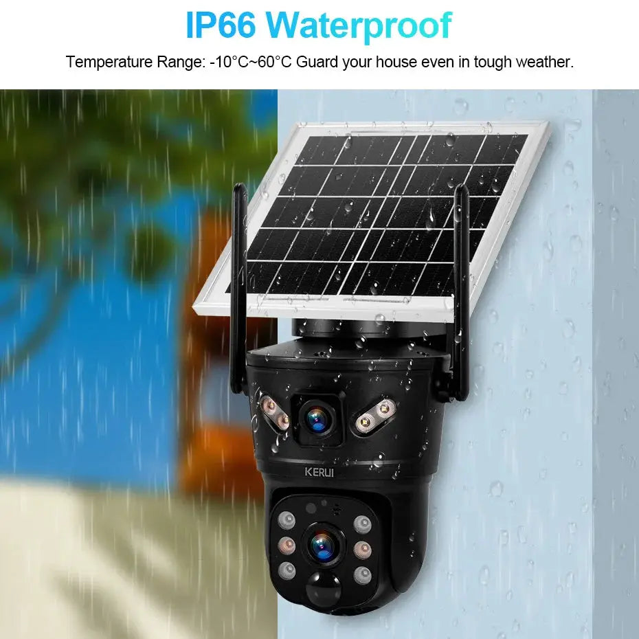 KERUI outdoor waterproof dual-lens solar security camera with solar panel, black