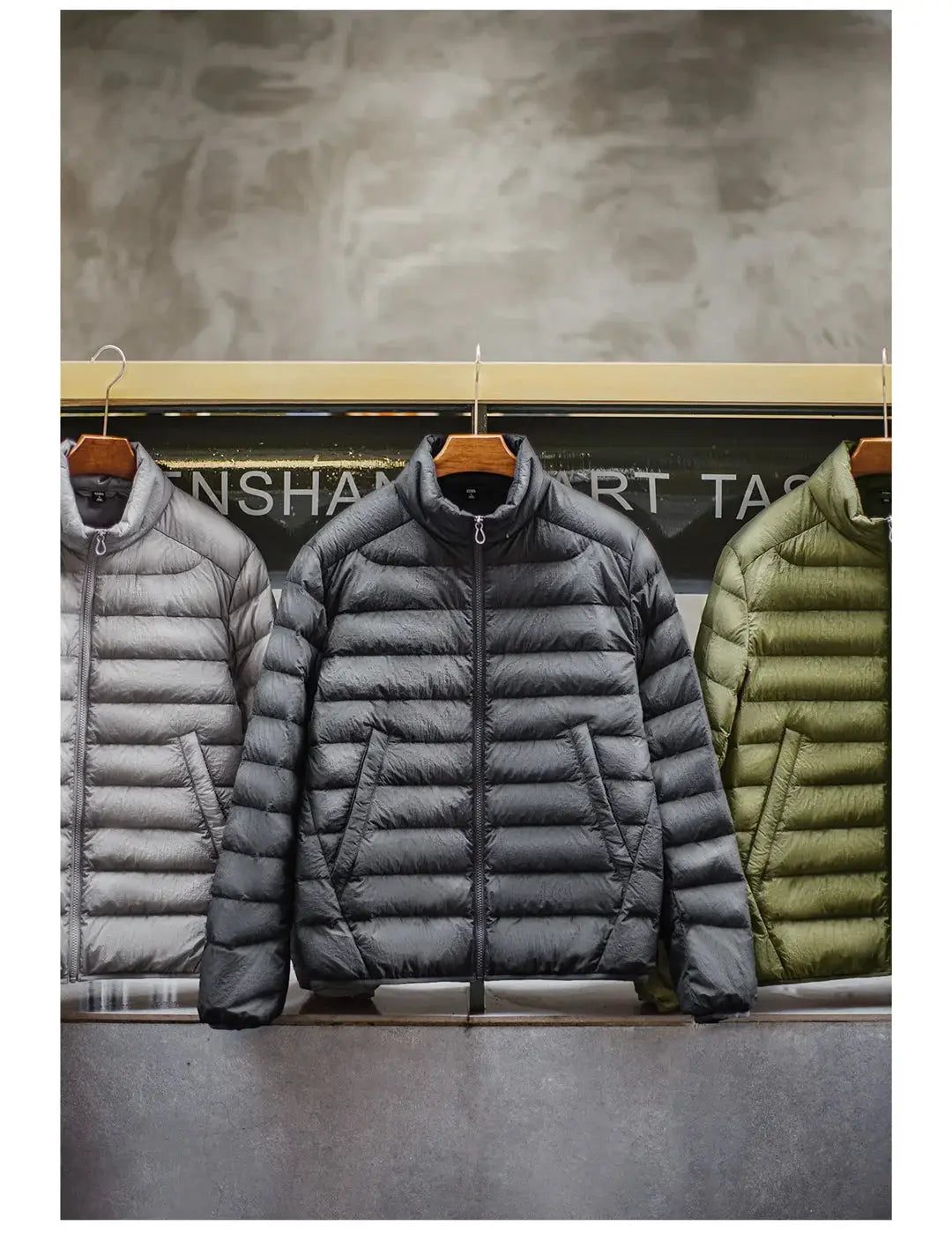 Maden Winter Men's stand-up collar down jacket; gray, black, and olive puffer coats on display (3 jackets)
