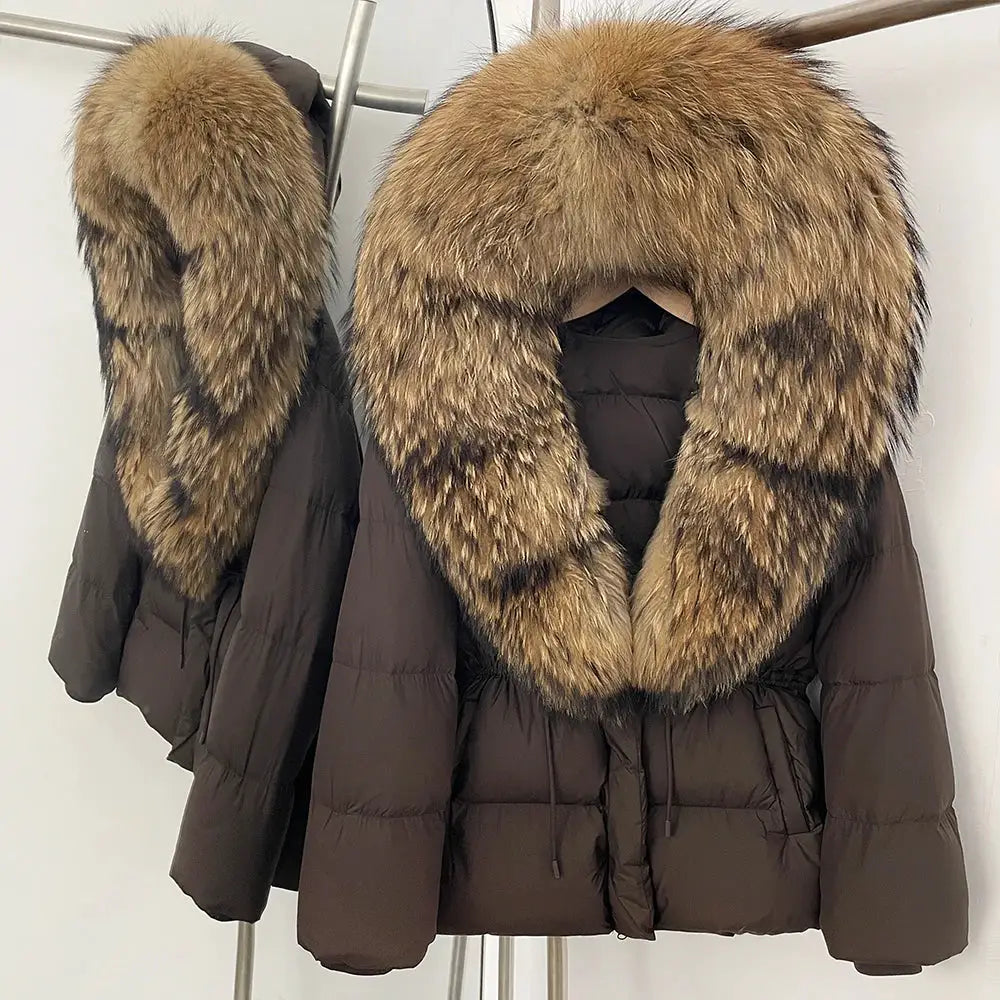 Womens Real Fox Fur Collar Duck Down Coat With Raccoon Fur Trim Hooded Puffer Jacket