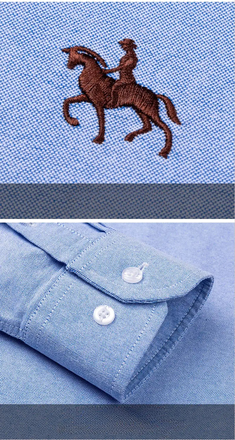 Men's blue Oxford shirt, 100% cotton, Simples Market, polo pony embroidery, long sleeves