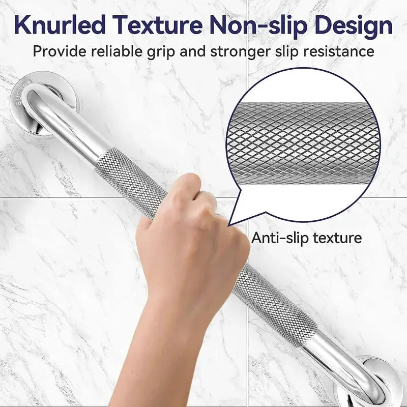 Stainless steel bathroom grab bar with knurled anti-slip texture, 300–500mm.